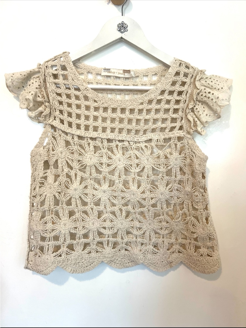 bishop + young Crochet Floral Overlay Crop Top in Cream